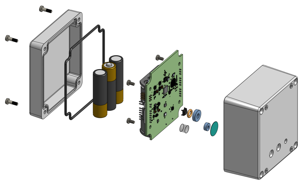 Exploded view of the first version of the Tidmarsh sensor node.
