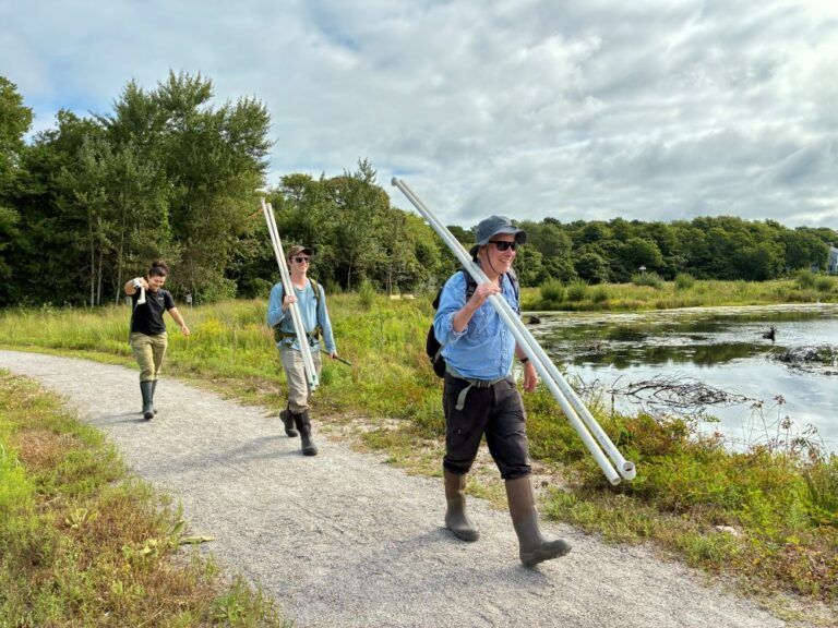 The Woodwell Climate Research Center team heading out to sample vegetation plots at the Robert F. Smith Cold Brook Preserve in Harwich. From right to left: Dr. Chris Neill, Patrick Farrar, and Francesca LoPresti.