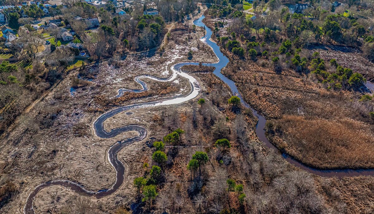 January 2024: Mid-Construction photograph of Cell 8, looking south showing 1) the newly constructed Cold Brook Channel to the left, as well as one of the tidal creeks; 2) area of no-disturbance (“passive restoration”) on right hand  side of photo