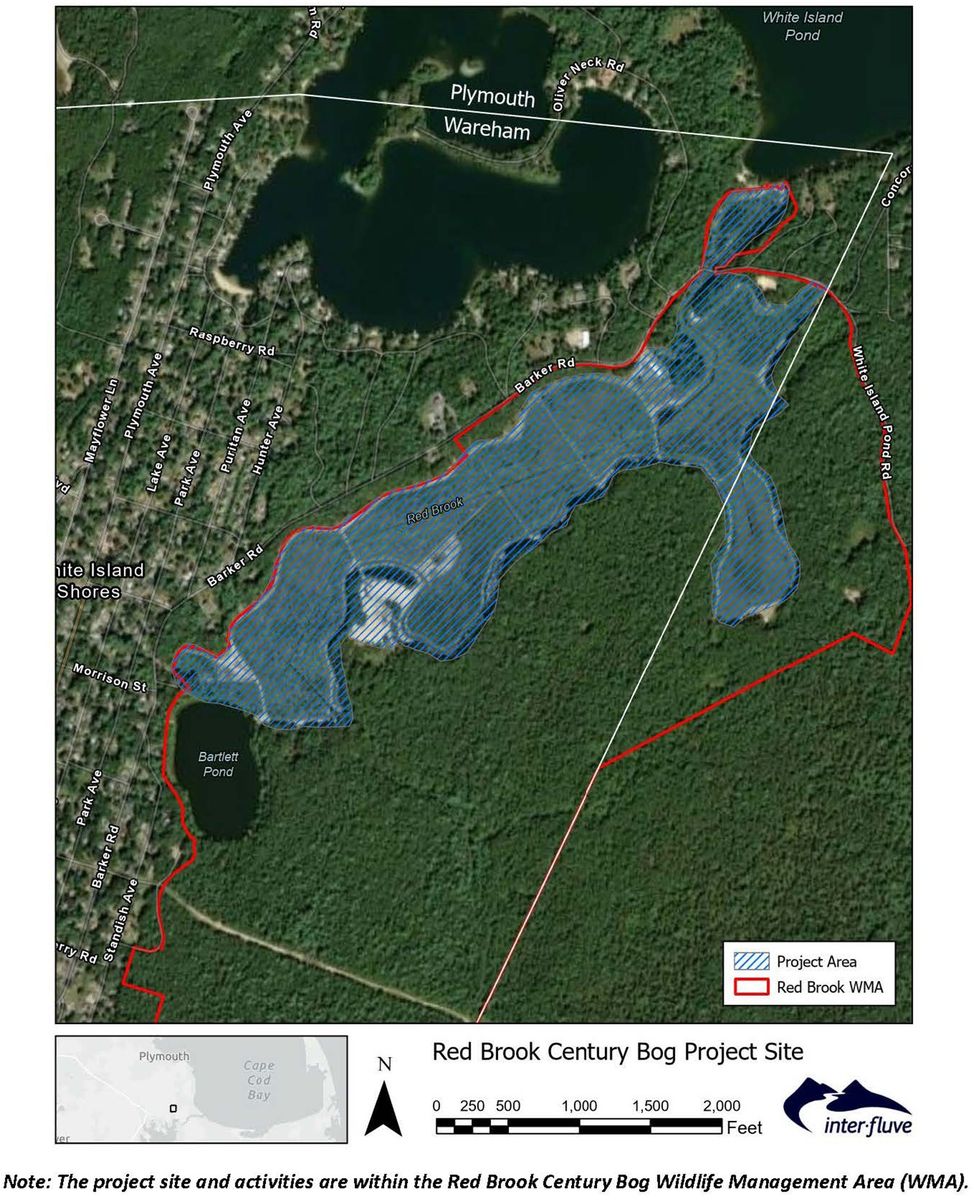 The restoration area within the Red Brook Wildlife Management Area includes stream and wetland restoration within the formerly farmed bog.